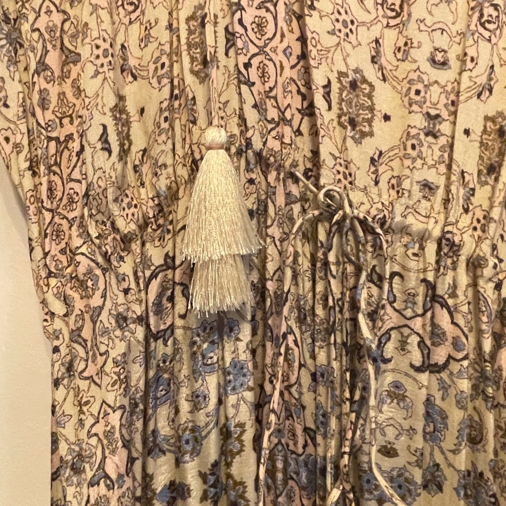 Roller Rabbit Beige and Blue Floral Maxi Dress with Tassel Tie